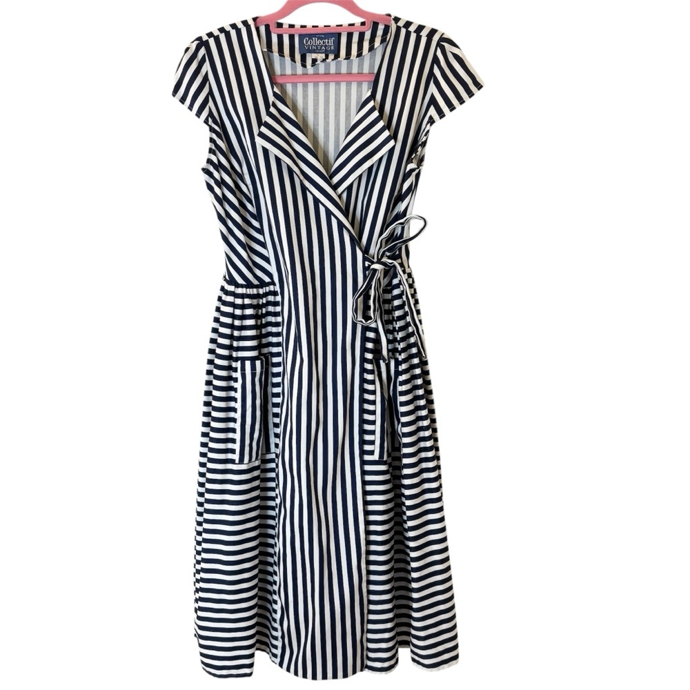 Collectif Vintage Navy & White Stripe Wrap Dress